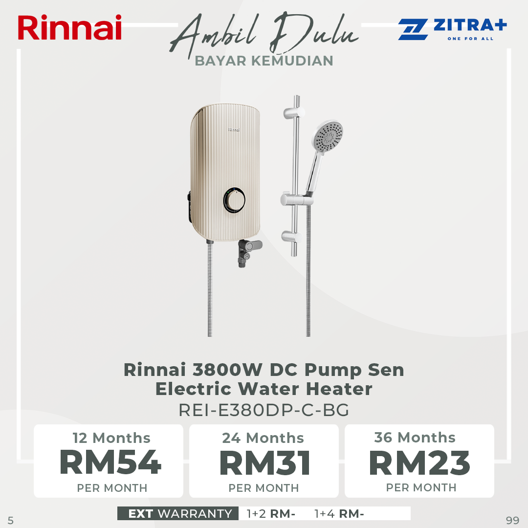 Rinnai 3800W DC Pump Sen Electric Water Heater REI-E380DP-B-WH/ REI-E380DP-BS-BK/ REI-E380DP-C-BG | 5 Multi-Spray, Anti-Twist Hose |1-Knob Control