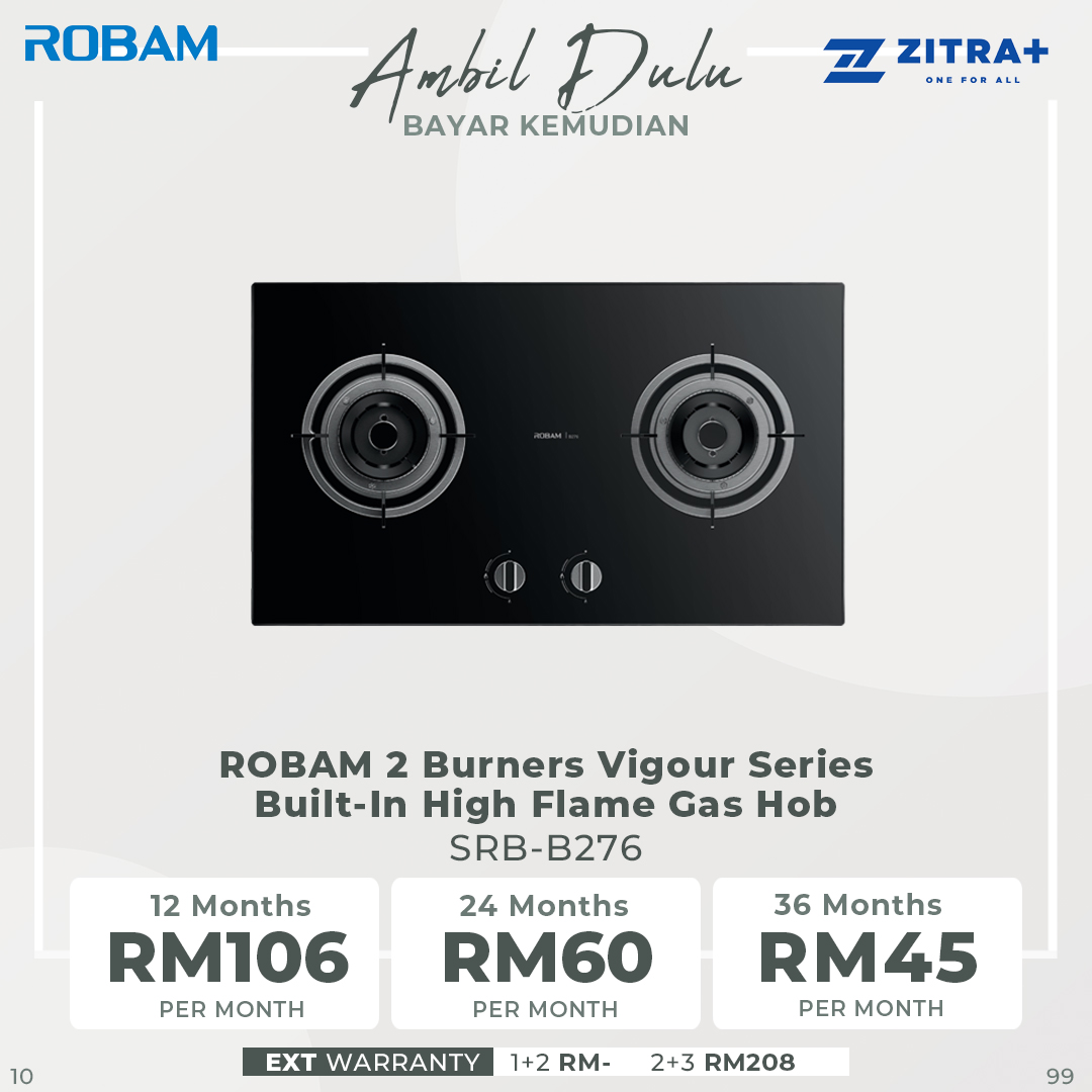 ROBAM 2 Burners Vigour Series Built-In High Flame Gas Hob Black SRB-B276 | With Safety Device | Cast Iron Stand | High Quality Tempered Glass
