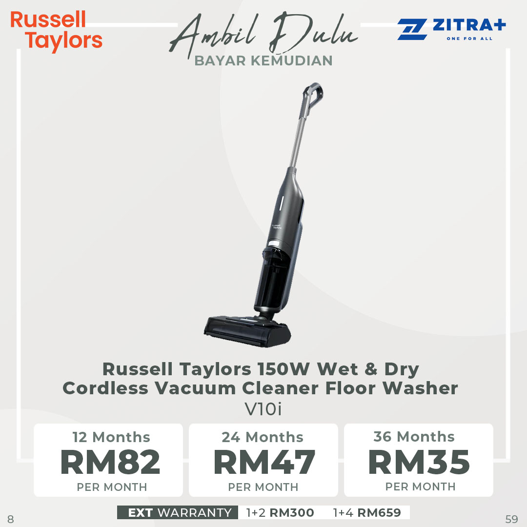 Russell Taylors 150W Wet & Dry Cordless Vacuum Cleaner Floor Washer V10i | 3000mAh | Convenient Docking & Charging Station | Self-Cleaning Roller Brush | Vacuum Cleaner with 2 Years Warranty