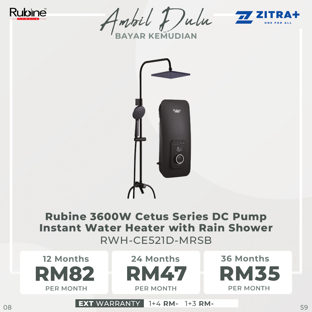 Rubine 3600W Cetus Series DC Pump Instant Water Heater with Rain Shower | RWH-CE521D-MRCG /  RWH-CE521D-MRIG  /  RWH-CE521D-MRSB |  4.25kW (Extra Warm) |  3-in-1 Diverter |  60% Energy Saving |  Water Heater with 1 Year Warranty