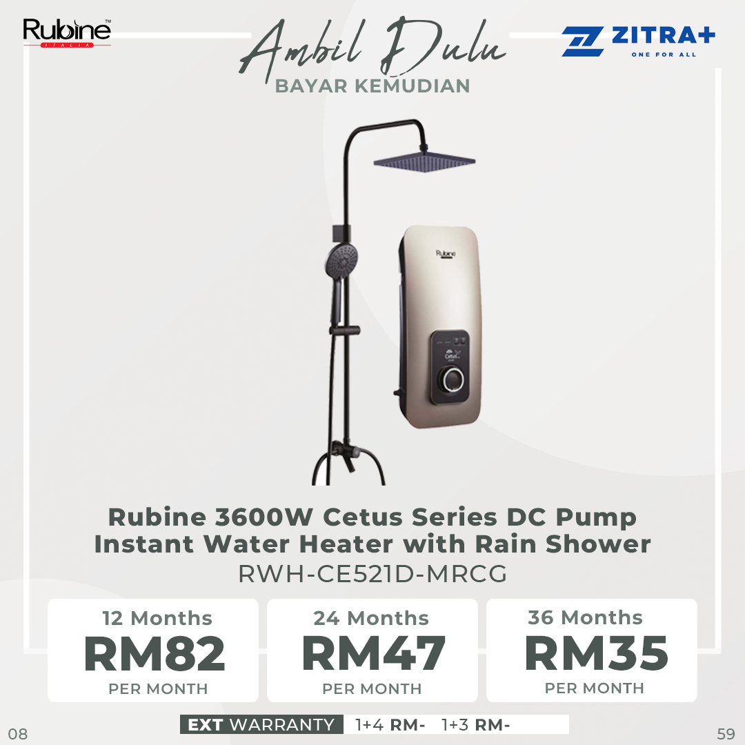 Rubine 3600W Cetus Series DC Pump Instant Water Heater with Rain Shower | RWH-CE521D-MRCG /  RWH-CE521D-MRIG  /  RWH-CE521D-MRSB |  4.25kW (Extra Warm) |  3-in-1 Diverter |  60% Energy Saving |  Water Heater with 1 Year Warranty