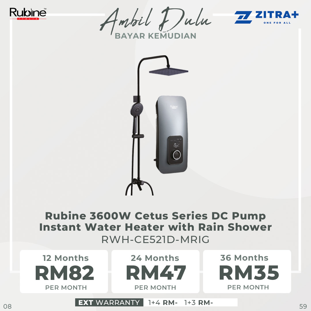 Rubine 3600W Cetus Series DC Pump Instant Water Heater with Rain Shower | RWH-CE521D-MRCG /  RWH-CE521D-MRIG  /  RWH-CE521D-MRSB |  4.25kW (Extra Warm) |  3-in-1 Diverter |  60% Energy Saving |  Water Heater with 1 Year Warranty