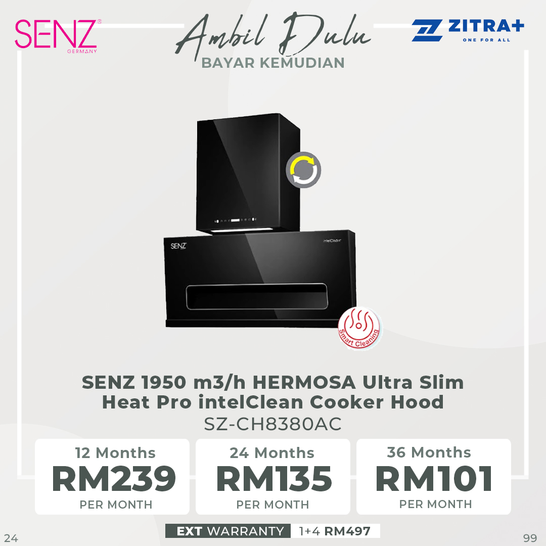 SENZ 1700/1950 m3/h STELLA/HERMOSA/AURORA Heat Pro intelClean Cooker Hood SZ-CH3288AC/SZ-CH8380AC/SZ-CH9050AC | LED Lamp | Motion Sensor Technology