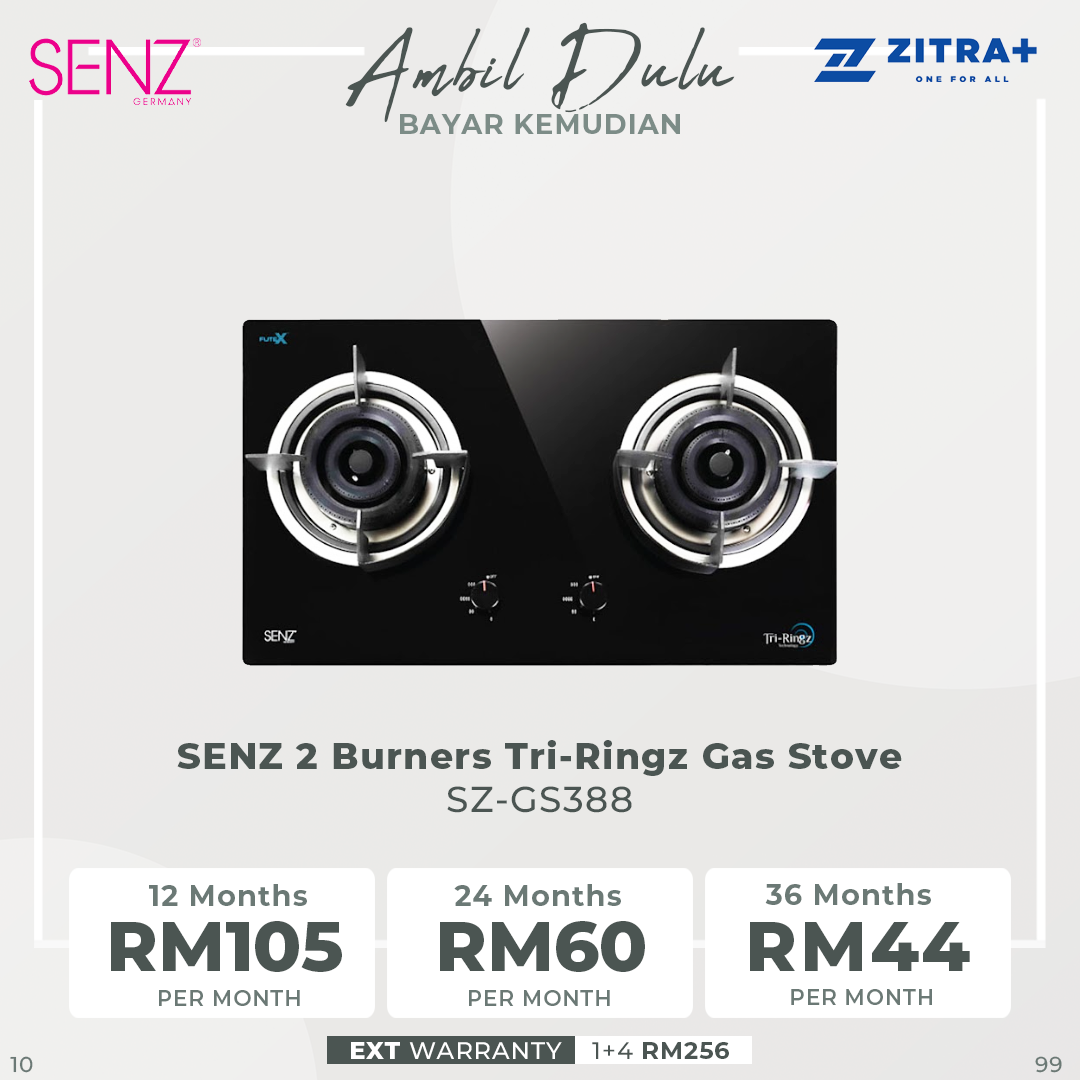 SENZ 2 Burners Gas Stove SZ-GS368FL / SZ-GS388 / SZ-GS3898 / SZ-GS6852FL / SZ-GS980FL | Battery operated auto-ignition | High quality tempered glass | Safety valve | Gas Stove with 1 Year Warranty