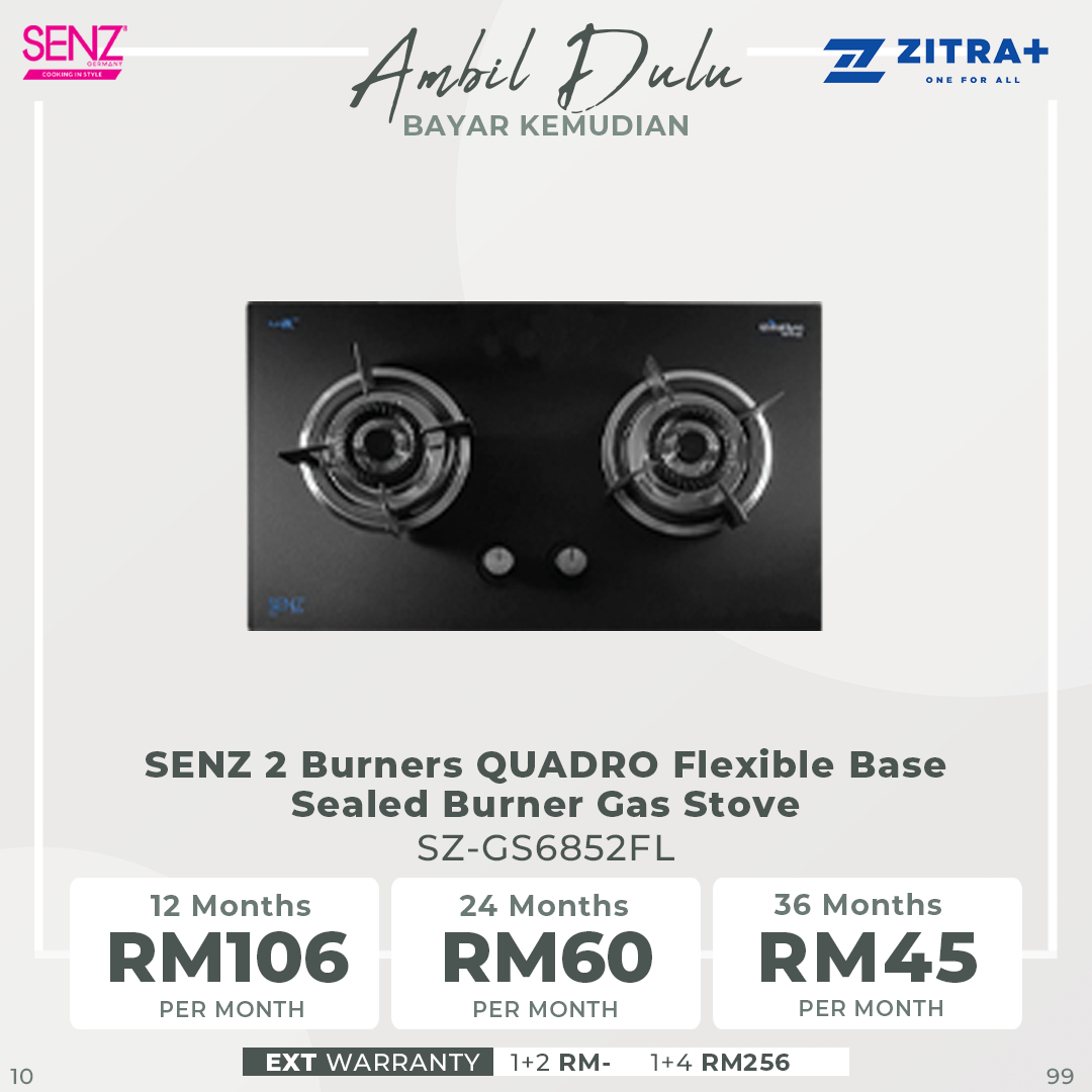 SENZ 2 Burners Gas Stove SZ-GS368FL / SZ-GS388 / SZ-GS3898 / SZ-GS6852FL / SZ-GS980FL | Battery operated auto-ignition | High quality tempered glass | Safety valve | Gas Stove with 1 Year Warranty