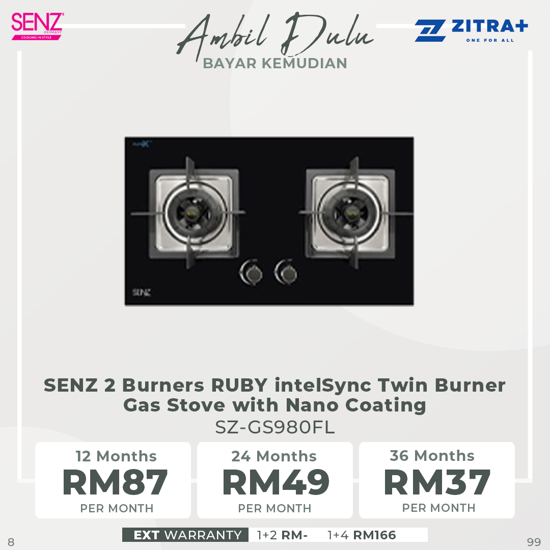 SENZ 2 Burners Gas Stove SZ-GS368FL / SZ-GS388 / SZ-GS3898 / SZ-GS6852FL / SZ-GS980FL | Battery operated auto-ignition | High quality tempered glass | Safety valve | Gas Stove with 1 Year Warranty