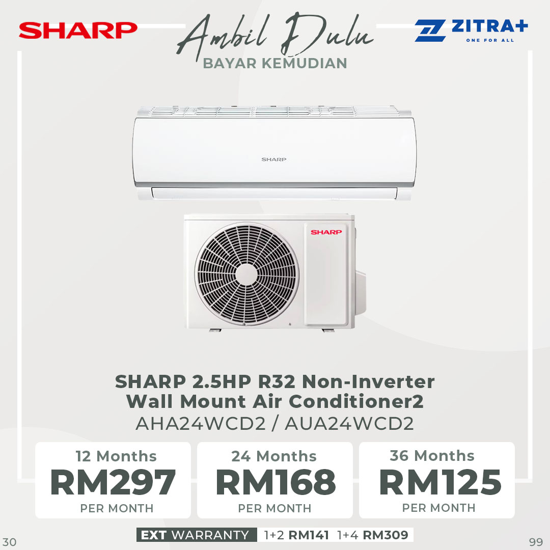 SHARP 1.0HP/1.5HP/2.0HP/2.5HP R32 Non-Inverter Wall Mount Air Conditioner | Auto & 3-Step Fan speed Setting | 24-Hour On/Off Timer | Turbo Mode | Sleep Mode | Air Conditioners with 1 Year Warranty