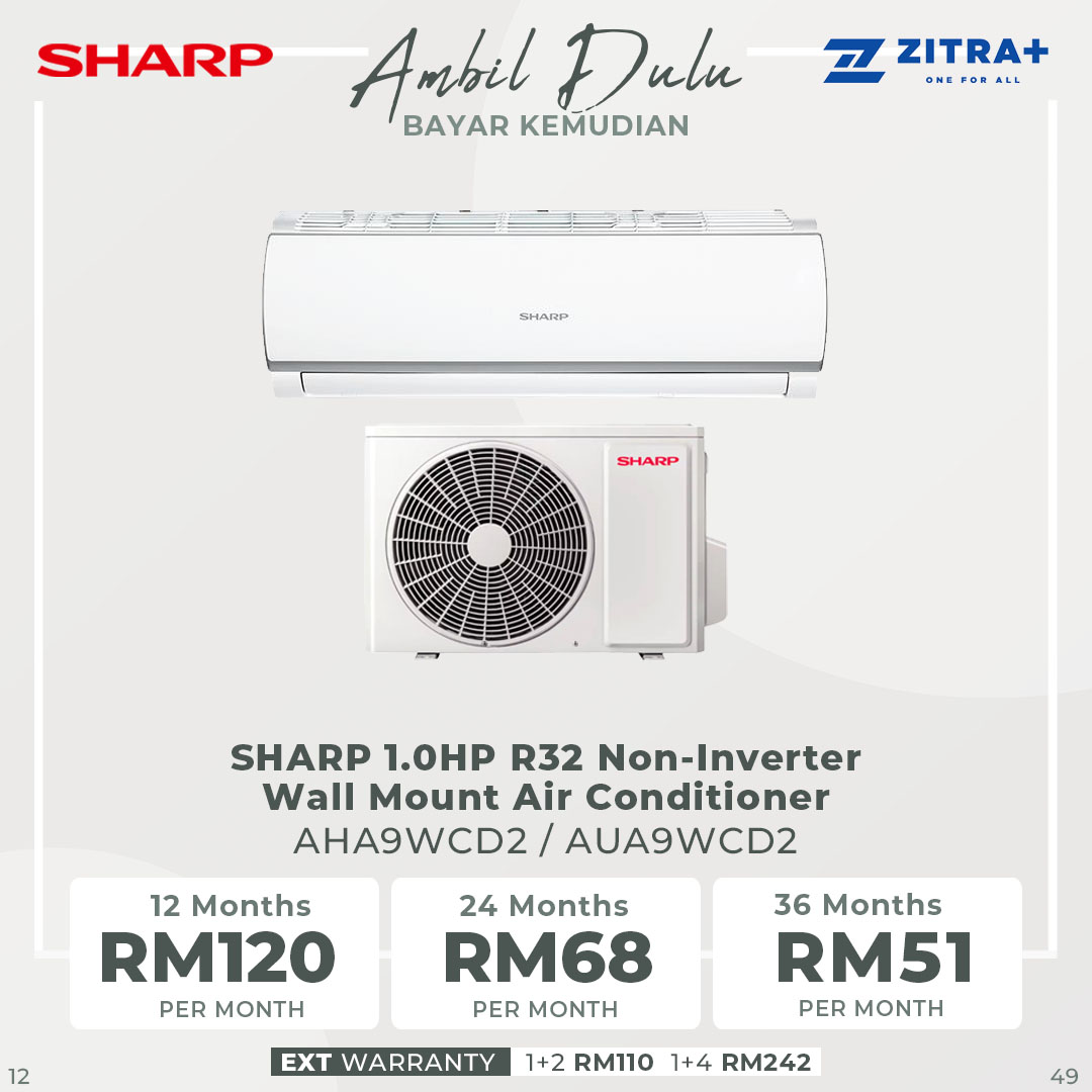 SHARP 1.0HP/1.5HP/2.0HP/2.5HP R32 Non-Inverter Wall Mount Air Conditioner | Auto & 3-Step Fan speed Setting | 24-Hour On/Off Timer | Turbo Mode | Sleep Mode | Air Conditioners with 1 Year Warranty