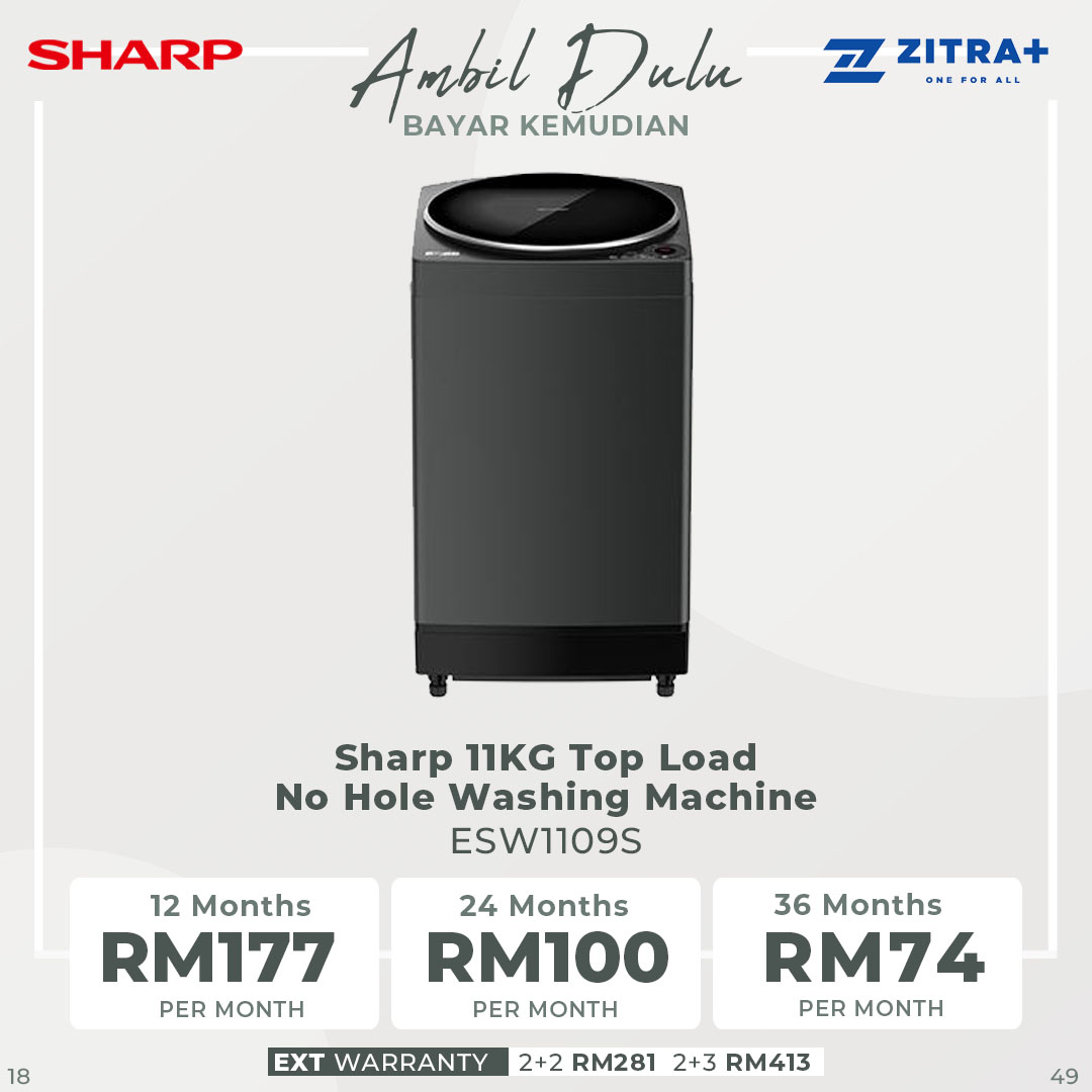Sharp 11KG Top Load No Hole Washing Machine ESW1109S | Auto Restart  | Air Dry | LED Digit | Auto Tub Clean | AG Pulsator | Zero Pressure Valve | Lid Damper | Washing Machine with 2 Year Warranty