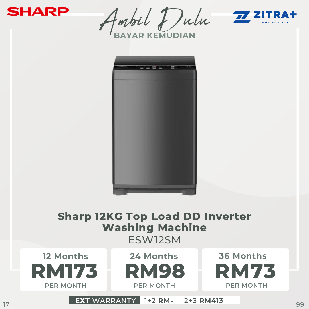 Sharp 12KG Top Load DD Inverter Washing Machine ESW12SM | Direct Drive Inverter Motor | 3D Waterfall + Magic Filter | Fuzzy Control | Two Step Washing