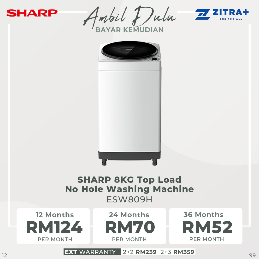 SHARP 8KG Top Load No Hole Washing Machine ESW809H | Auto Restart | LED Digit | Air Dry | Water Saving | AG Pulsator (Antibacterial) | Washing Machine with 2 Year Warranty