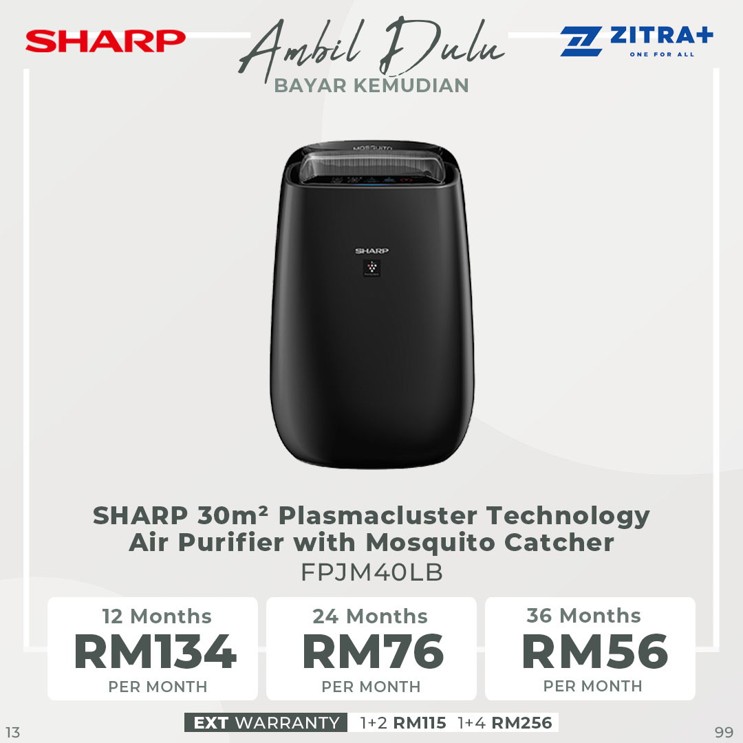 SHARP 30m² Plasmacluster Technology Air Purifier with Mosquito Catcher FPJM40LB | Sharp Original Airflow at 20° Angle | Suppress Mold, Viruses, Allergens, Odors | Timer Function | Air Purifier with 1 Year Warranty