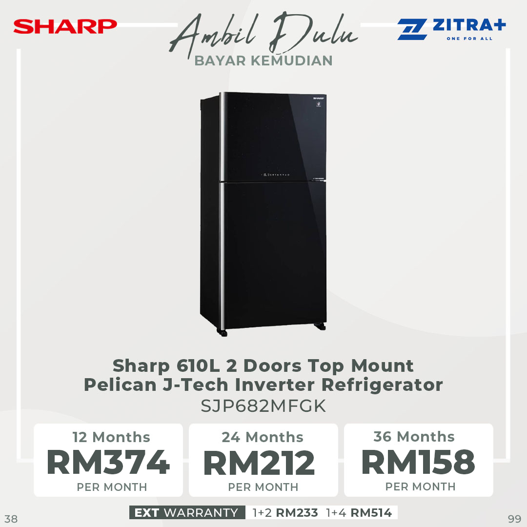 Sharp 610L 2 Doors Top Mount J-Tech Inverter Pelican Refrigerator SJP682MFGK | Plasmacluster Ion Technology | Hybrid Cooling System | AG CU Nano Deodoriser | Express Freezing | Refrigerator with 1 Year General & 12 Year Motor Warranty