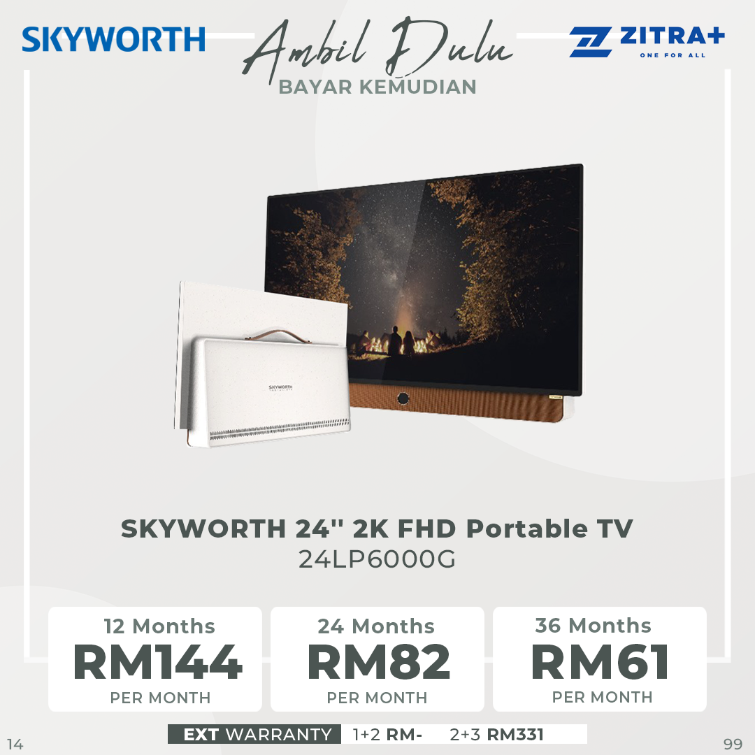 SKYWORTH 24'' 2K FHD Portable TV 24LP6000G | Slim Design, Leather Carry Handle, Super Light Weight | 3 hours battery life