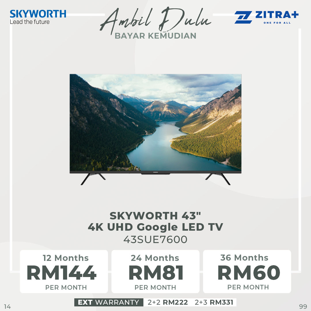 SKYWORTH 43"/50"/55"/65"/70"/75" 4K UHD Google LED TV SUE7600 | HDR10 | USB | HDMI | Google Tv | Dolby Audio | Bluetooth 5.1 | Chameleon Extreme 2.0 | Chromecast Built-In | Smart TV with 2 Year Warranty