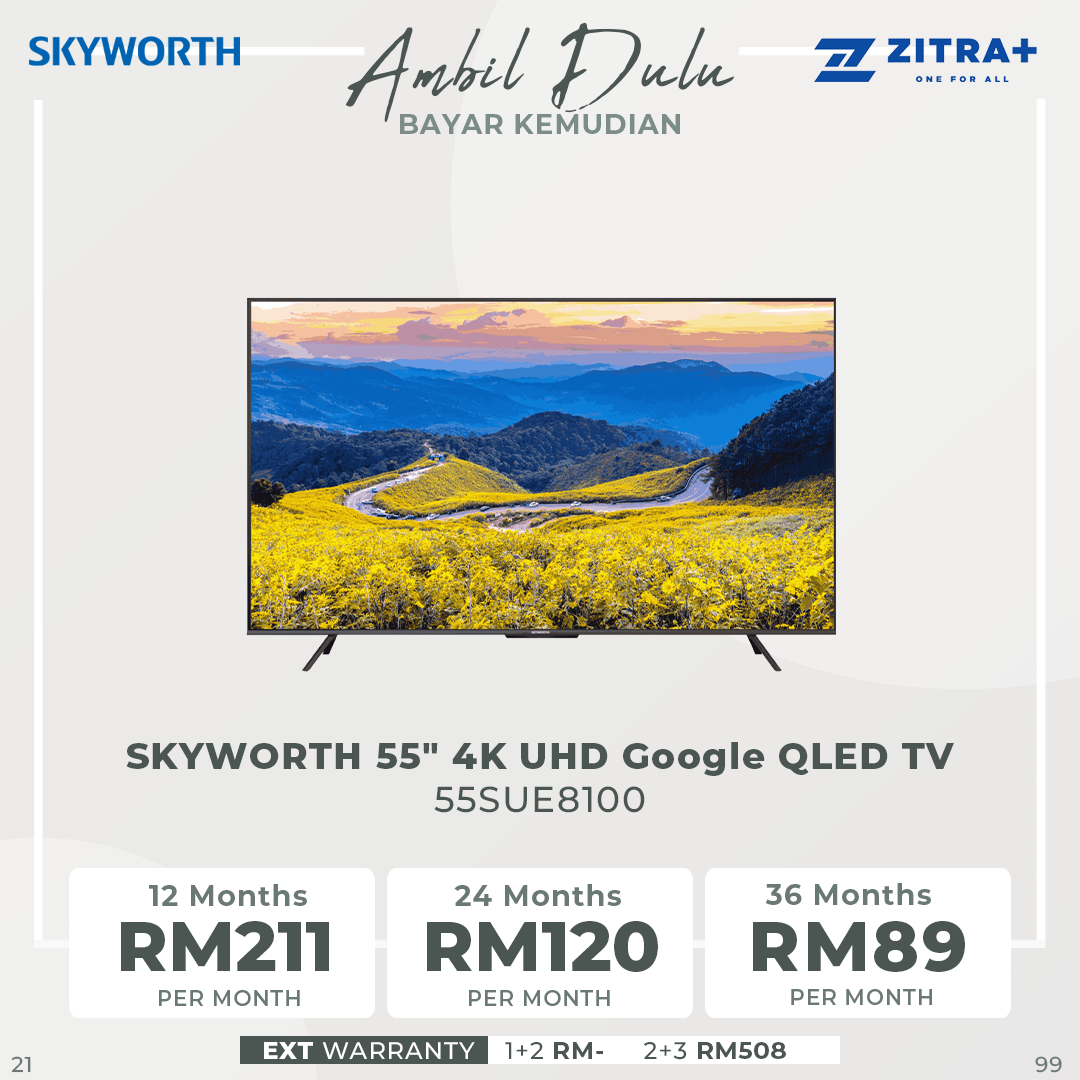 SKYWORTH 50"/55"/65"/75" 4K UHD Google QLED TV SUE8100 | Google TV system | Bluetooth 5.1 | Dolby Atmos | Flicker Free