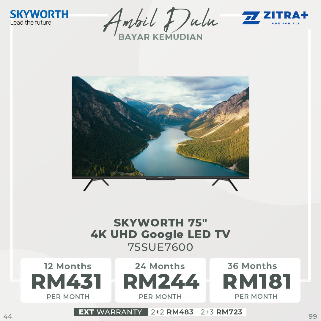 SKYWORTH 43"/50"/55"/65"/70"/75" 4K UHD Google LED TV SUE7600 | HDR10 | USB | HDMI | Google Tv | Dolby Audio | Bluetooth 5.1 | Chameleon Extreme 2.0 | Chromecast Built-In | Smart TV with 2 Year Warranty