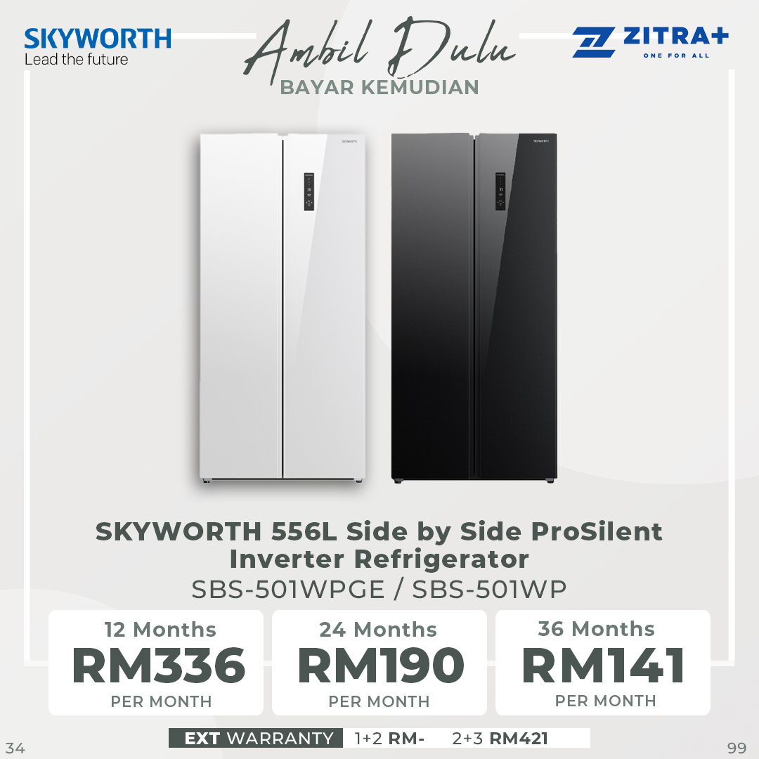 SKYWORTH 556L Side by Side ProSilent Inverter Refrigerator SBS-501WP / SBS-501WPGE | Multi Flow | Nano Ag+ Filter