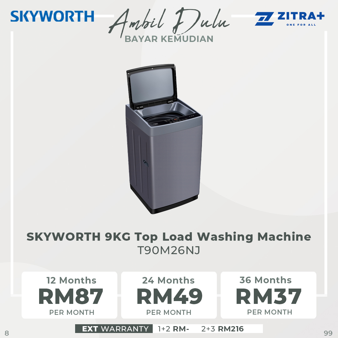 SKYWORTH 9KG Top Load Washing Machine T90M26NJ | Pearl Drum | 360° Water Flow | Wool Care | Vortex Pulsator