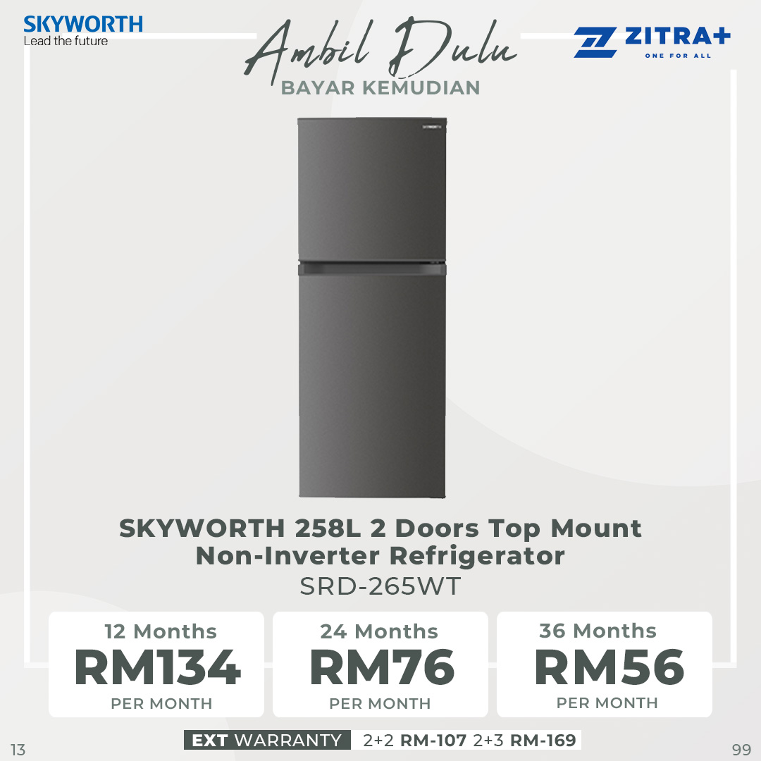 SKYWORTH 258L 2 Doors Top Mount Non-Inverter Refrigerator SRD-265WT | Multi Air Flow | Total No Frost | Flexi Door | Refrigerator with 1 Year Warranty