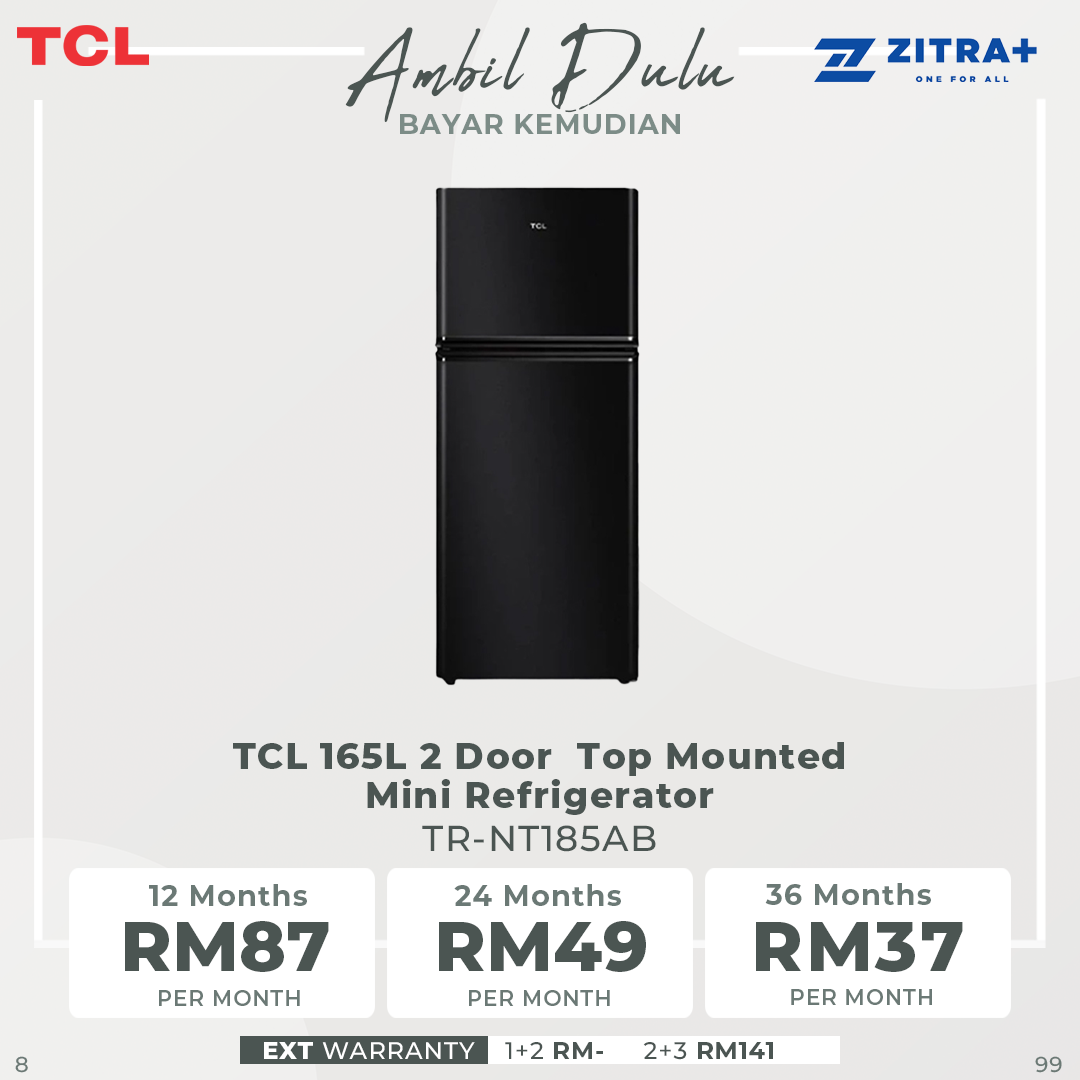 TCL 165L 2 Door Top Mounted Mini Refrigerator TR-NT185AB | Defrost | LED light | Adjustable Glass Shelf | Uniform Cooling