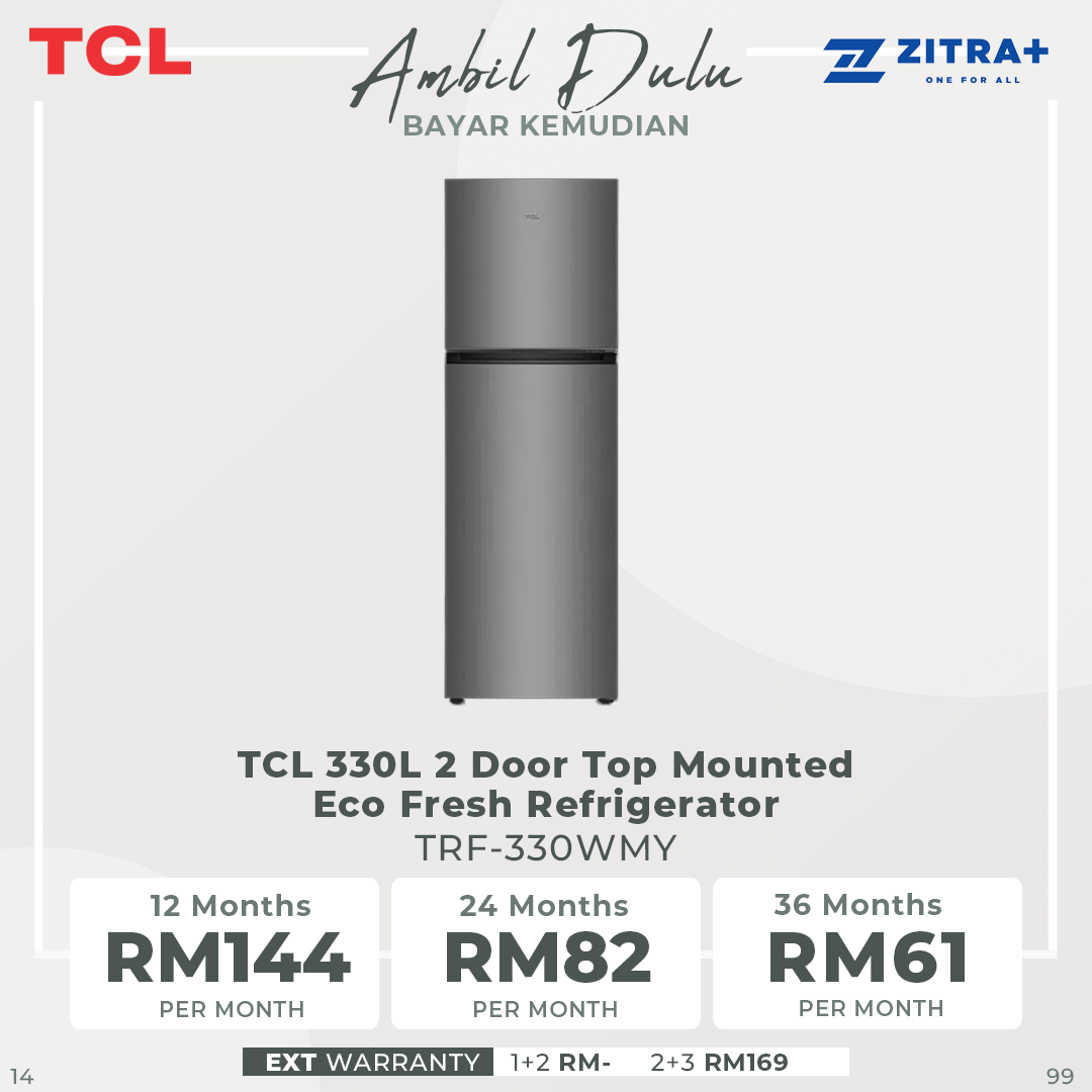 TCL 330L 2 Door Top Mounted Eco Fresh Refrigerator TRF-330WMY | Adjustable shelves | 5 star MY energy class | Humidity slider crisper
