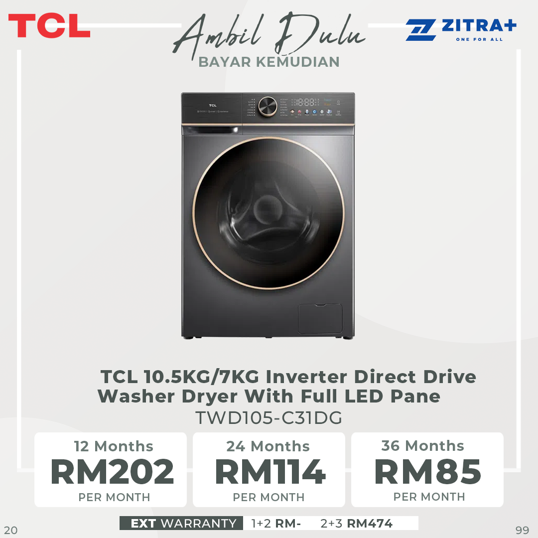TCL 10.5KG/7KG Inverter Direct Drive Washer Dryer With Full LED Panel TWD105-C31DG | DD Motor | Less Friction More Care
