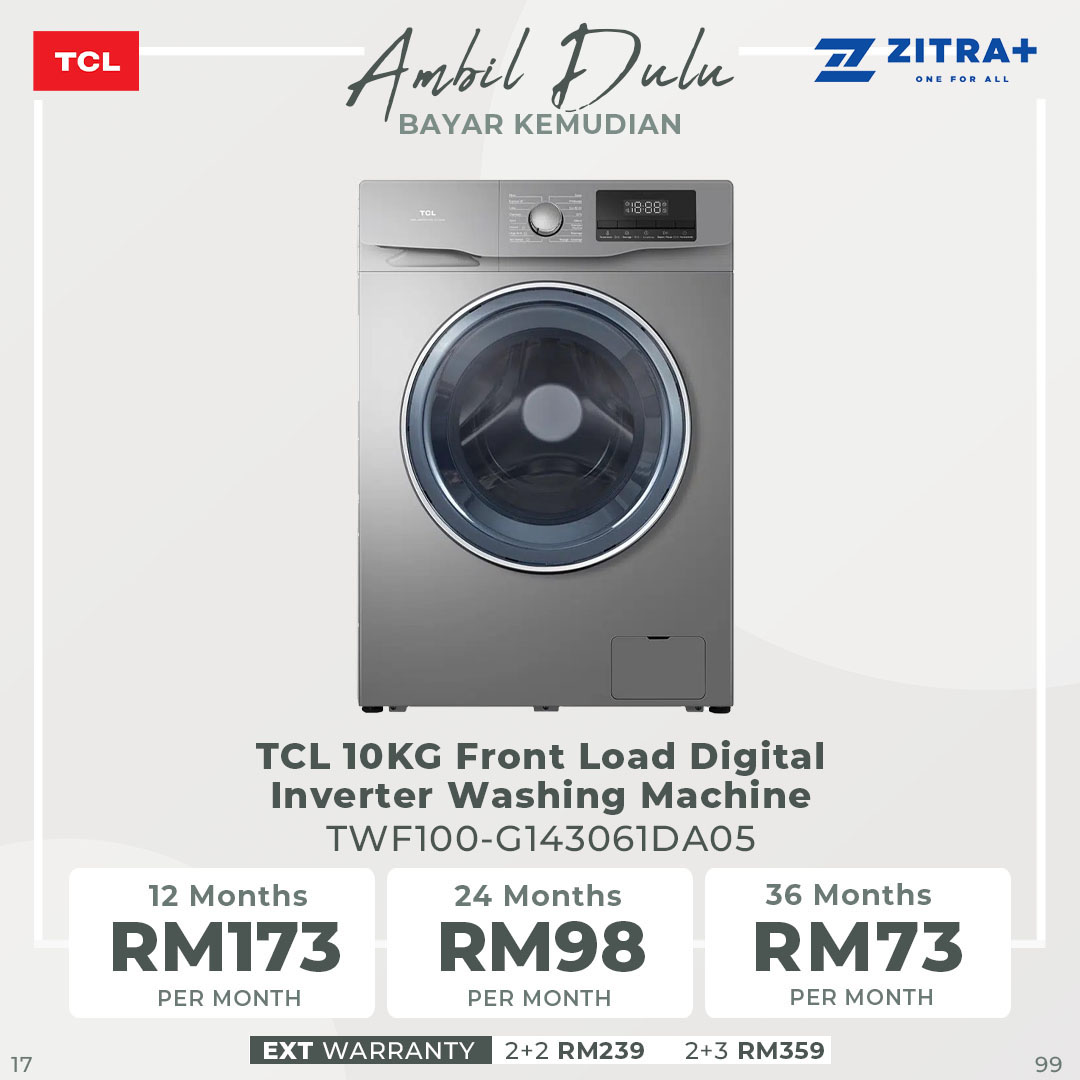 TCL 8/10KG Front Load Digital Inverter Washing Machine TWF80-G143061DA05 | Digital Inverter Motor | Steam Wash | Heat Sterilization | Add Garment | Drum Clean | 24 Hours Delay | Child Lock | Washing Machine with 2 Year Warranty