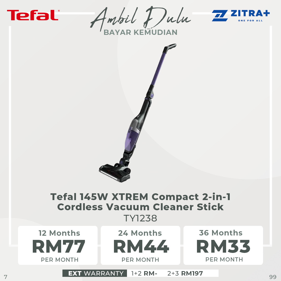 Tefal 145W XTREM Compact 2-in-1 Cordless Vacuum Cleaner Stick TY1238 | Bi-directional Flex Technology | 0.4 L (max)