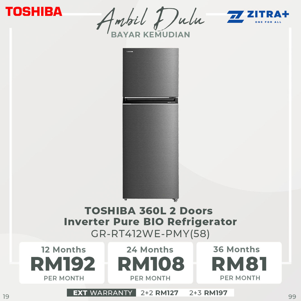 TOSHIBA 360L 2 Doors Inverter Pure BIO Refrigerator GR-RT412WE-PMY(58) | Japanese Weave Design | Multi-Air Flow | Dual LED | Adjustable Glass Shelf | Refrigerator with 2 Years Warranty