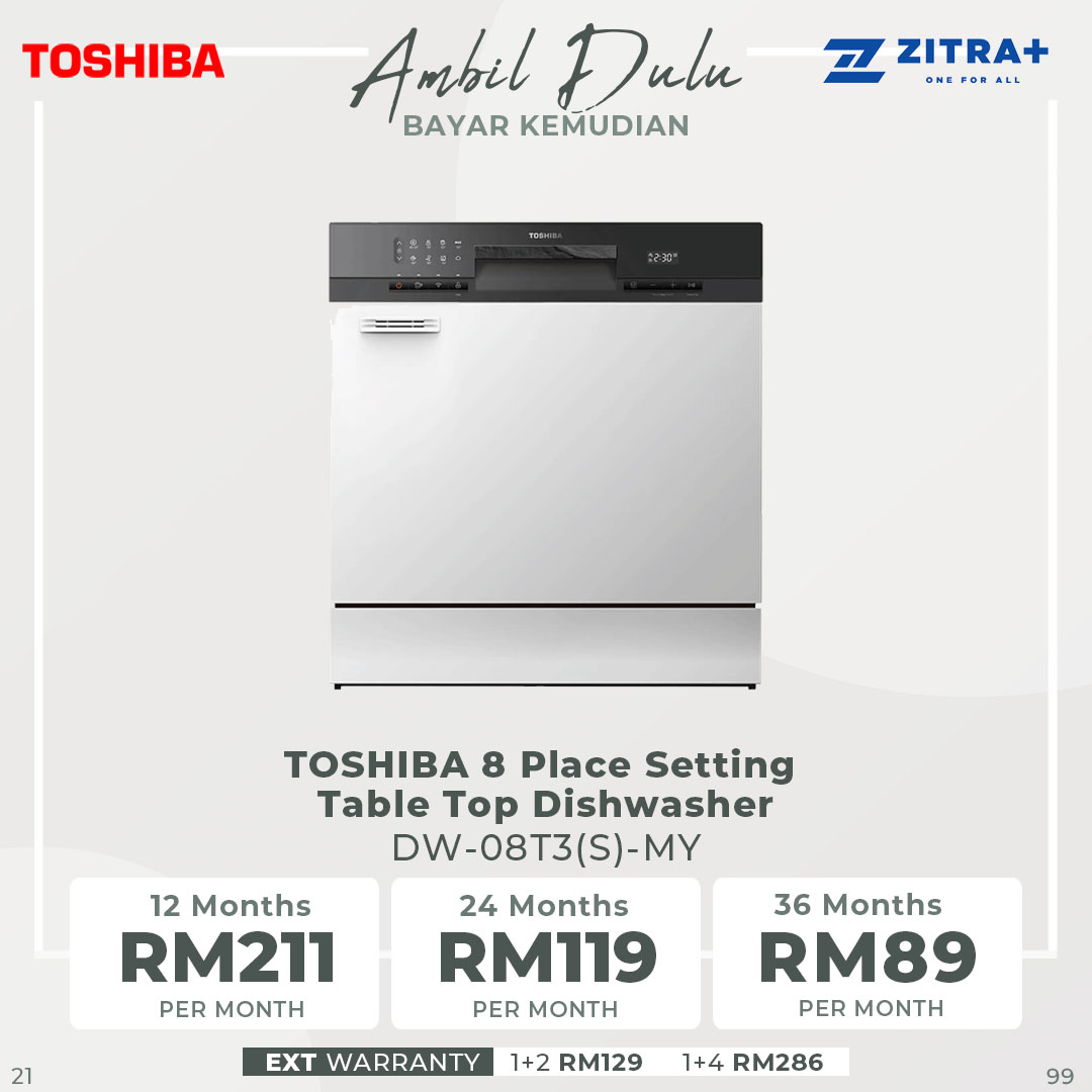 TOSHIBA 8 Place Setting Table Top Dishwasher DW-08T3(S)-MY | Turbo Heat Drying | Off-Peak Wash | Hi-Temp Hygiene Cycle | Soil-Sensing Auto Cycle | Dishwasher with 1 Year