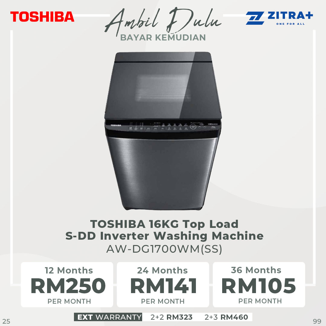 TOSHIBA 16KG Top Load Inverter Washing Machine AW-DG1700WM(SS) | S-DD Inverter | Duo-Active Roller | Washing Machine with 2 Year General & 13 Year Motor Warranty