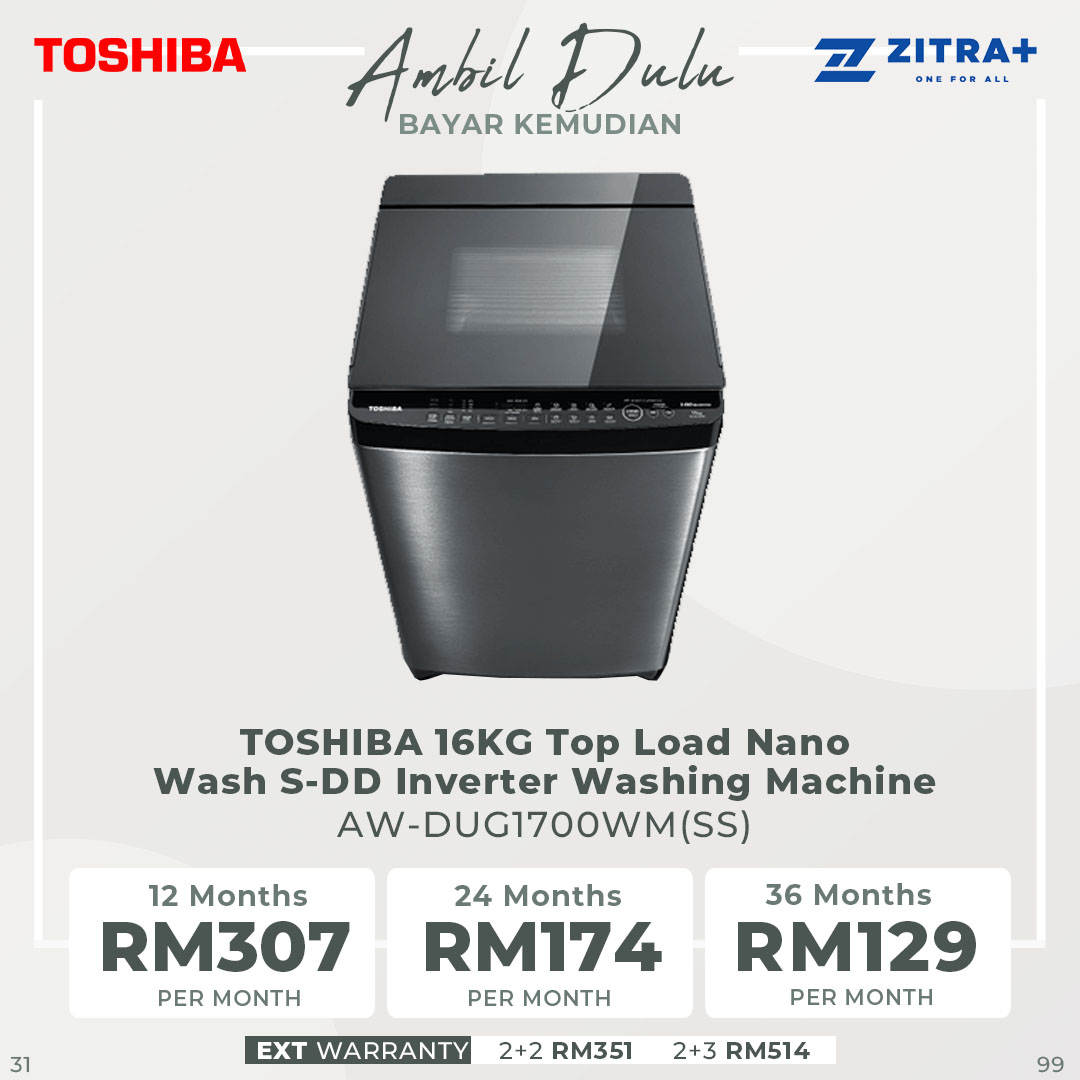 TOSHIBA 16KG Top Load Inverter Washing Machine AW-DUG1700WM(SS) | S-DD Inverter | Duo-Active Roller | Washing Machine with 2 Year General & 13 Year Motor Warranty