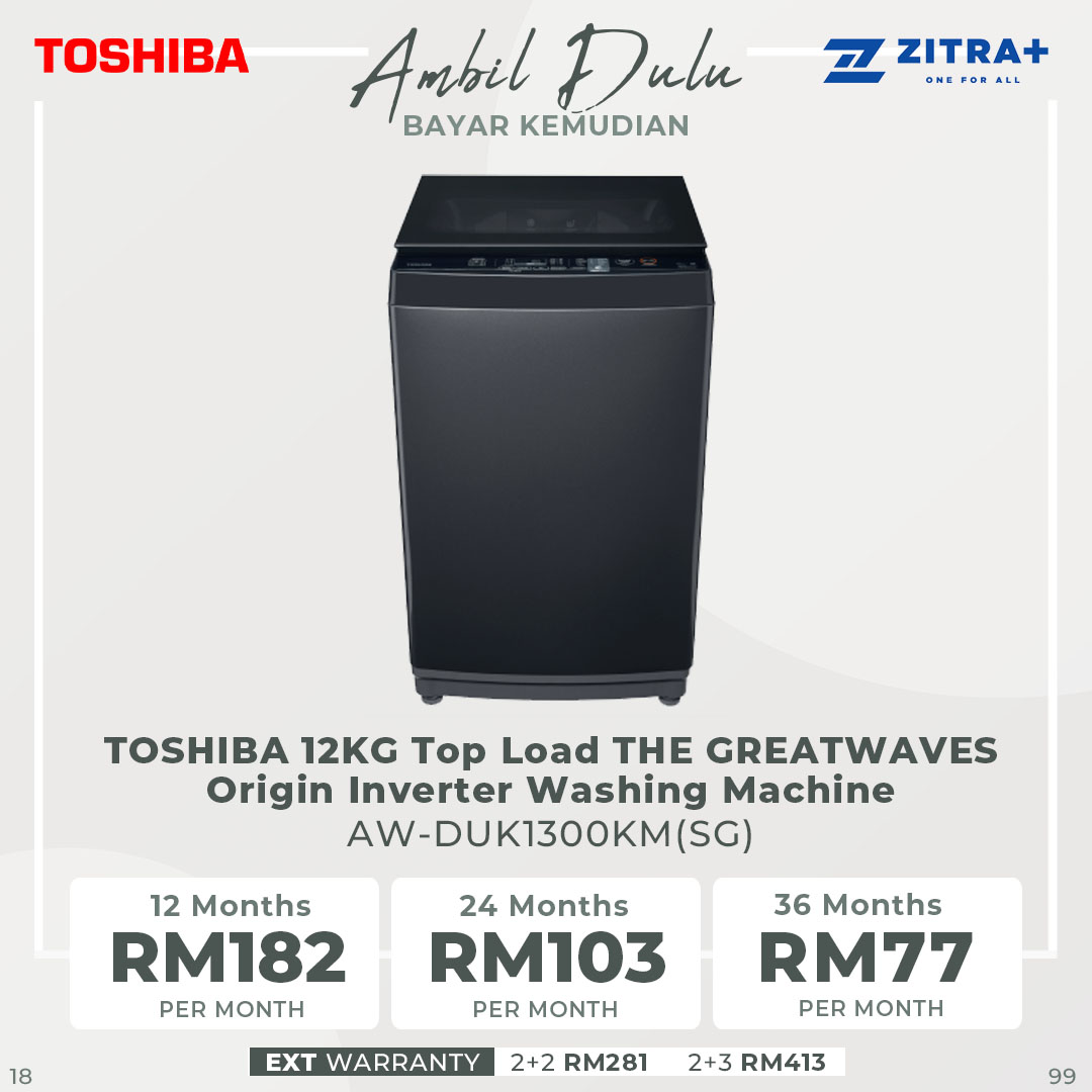 TOSHIBA 12KG Greatwaves Washer AW-DUK1300KM(SG) | Multi Programs | Tub Clean | Easy Kit | No Angular Design | Damping Lid | Child Lock | Heavy Wash | I Clean | Easy Kit | Washing Machine with 2 Year General & 3 Year Panel & 13 Year Motor Warranty