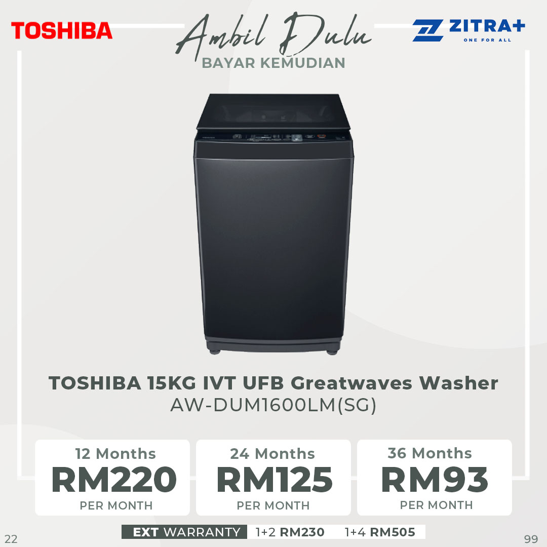 TOSHIBA 15KG IVT UFB/17KG UFB Greatwaves Washer AW-DUM1600LM(SG)/AW-DUM1800MM(SG) | Origin Inverter | Ultra Fine Bubble | Soft Close LID | Multi Programs | Washer with 1 Year Warranty