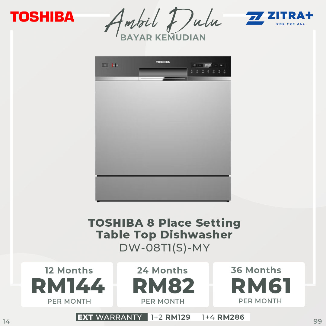 TOSHIBA 8 Place Setting Standing Dishwasher DW-08T1(S)-MY | Self Cleaning For Easy Maintenance | LED Display Panel | Standing Dishwasher with 1 Year Warranty