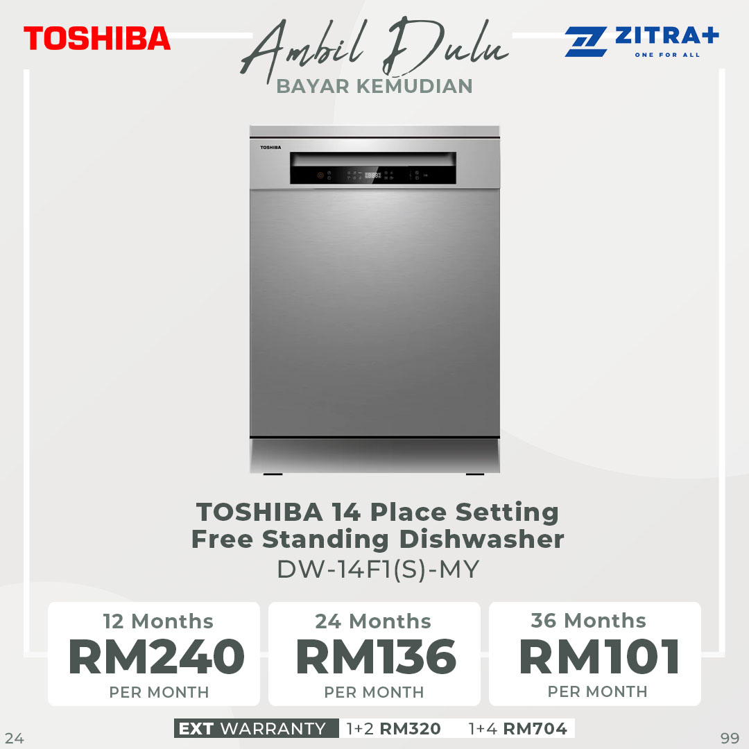 TOSHIBA 14 Place Setting Standing Dishwasher DW-14F1(S)-MY | High-Standard Hygiene | Personalize Uncleaned Dishware | Off-Peak Wash | Soil-Sensing Auto Cycle | Daily Auto | Half Load | LED Display Panel | Standing Dishwasher with 1 Year Warranty