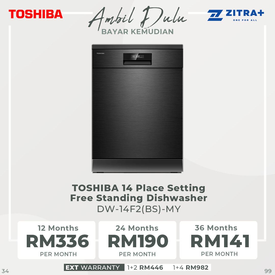 TOSHIBA 14 Place Setting Standing Dishwasher DW-14F2(BS)-MY | UV-LED Light | Anti-Bacterial Filter | Hi-Temp Hygiene Cycle | Standing Dishwasher with 1 Year Warranty