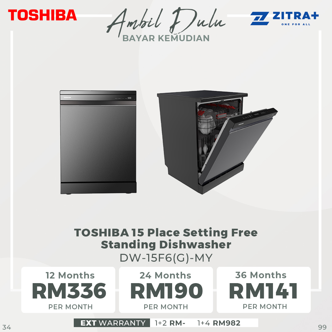 TOSHIBA 15 Place Setting Free Standing Dishwasher DW-15F6(G)-MY | Sliding Tray | 8 Program | Dual Wash Zone