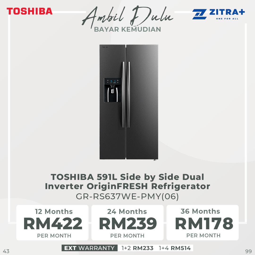 TOSHIBA 591L Side by Side Dual Inverter OriginFRESH Refrigerator GR-RS637WE-PMY(06) | Dual Inverter | Ice Maker | Quick Cooling Air | Pure BIO | Multi-Air Flow | Cool Water Dispenser | Alloy Cooling | Eco LED Light | Refrigerators with 1 Year Warranty