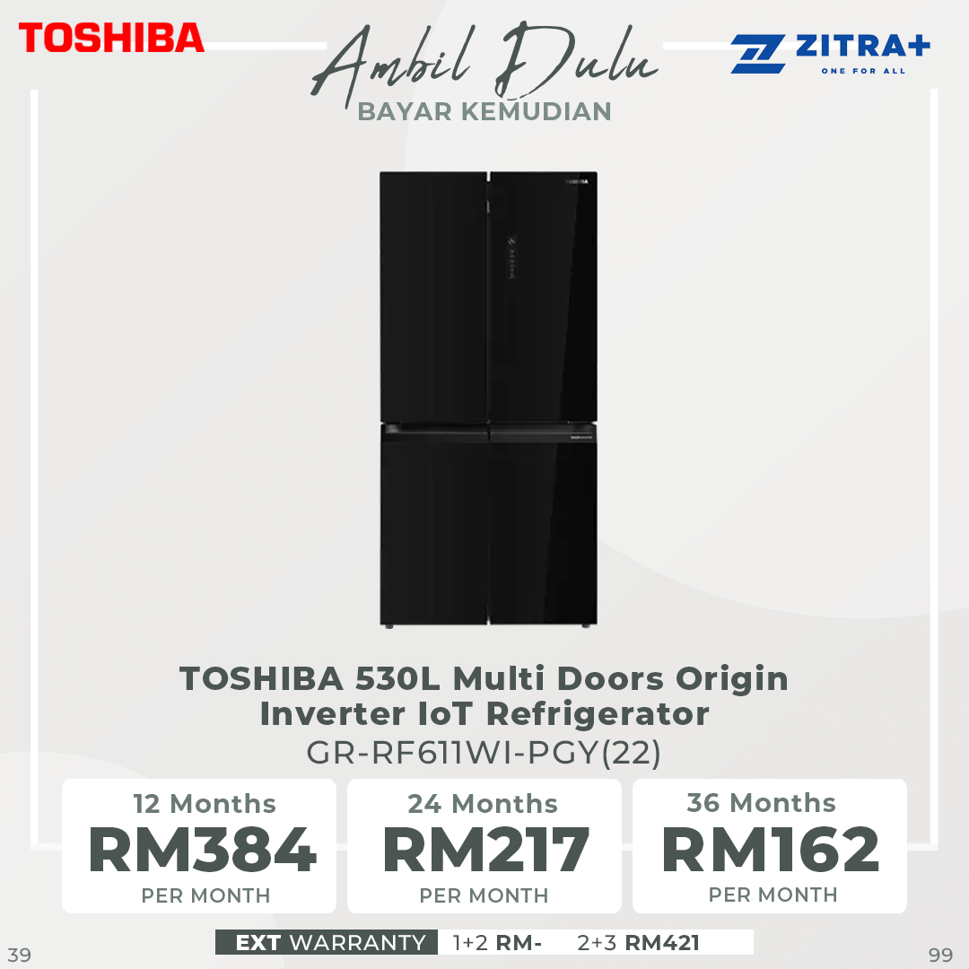 TOSHIBA 530L Multi Doors Origin Inverter IoT Refrigerator Black Glass GR-RF611WI-PGY(22) | PureBIO | TSmartLife Smart Control | Origin Inverter
