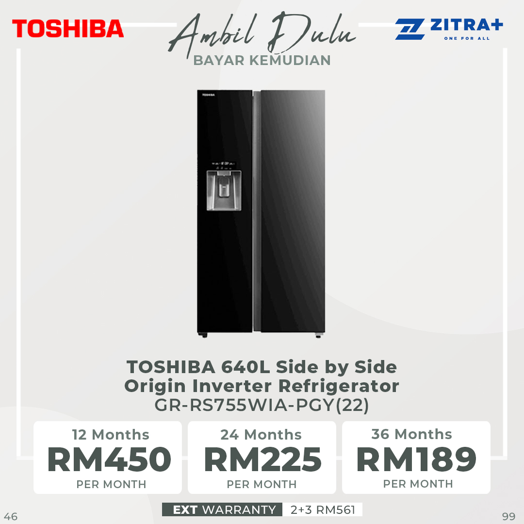 TOSHIBA 640L Side by Side Origin Inverter Refrigerator GR-RS755WIA-PGY(22) | Touch Digital Panel | TSmartLife Smart Control | Origin Inverter | 2  Year General Warranty   12 Year Motor Warranty