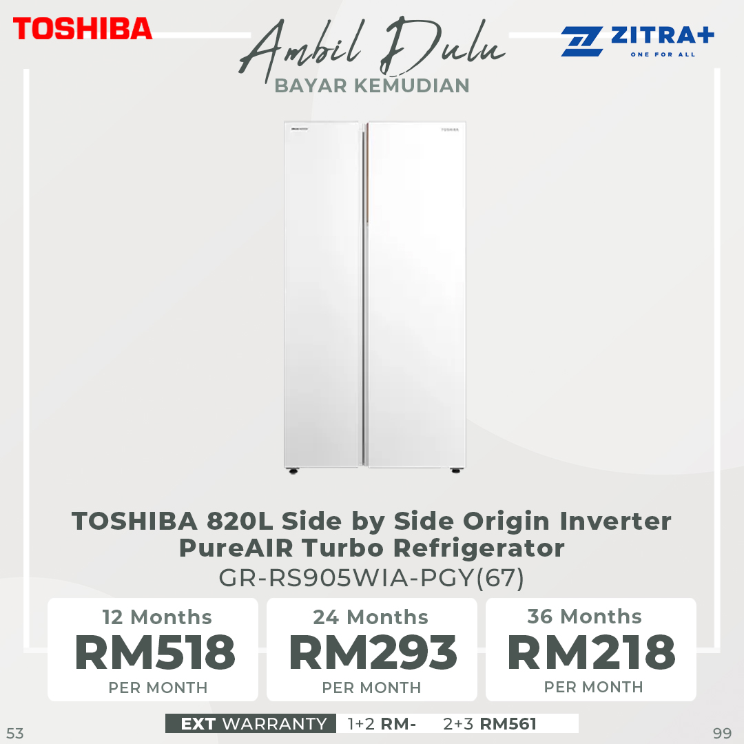 TOSHIBA 820L Side by Side Origin Inverter PureAIR Turbo Refrigerator Fuji GR-RS905WIA-PGY(67) | NaturePURE | Roomy Storage | Extra Chill