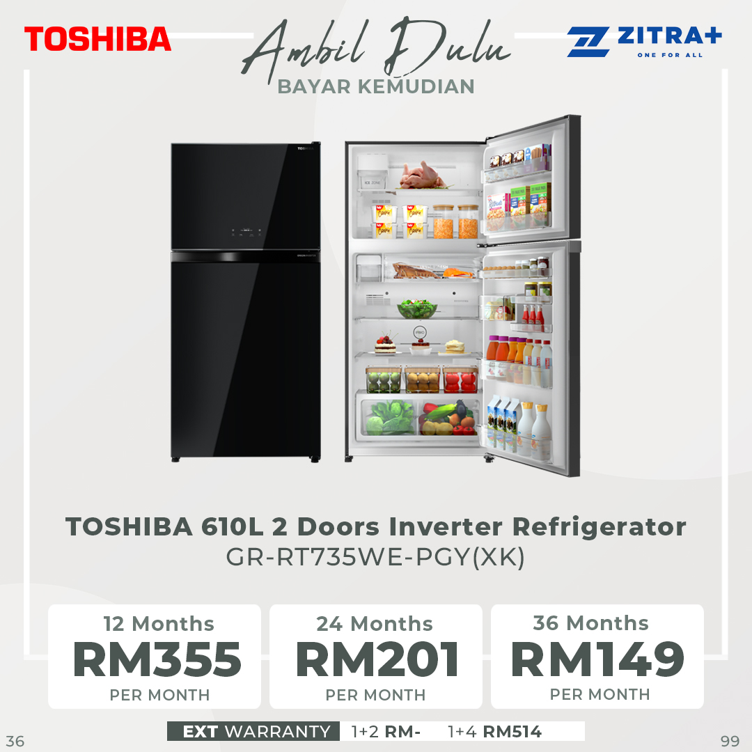 TOSHIBA 610L 2 Doors Inverter Refrigerator GR-RT735WE-PGY(XK) | PureBIO | Inverter compressor and fan | Auto Ice Maker