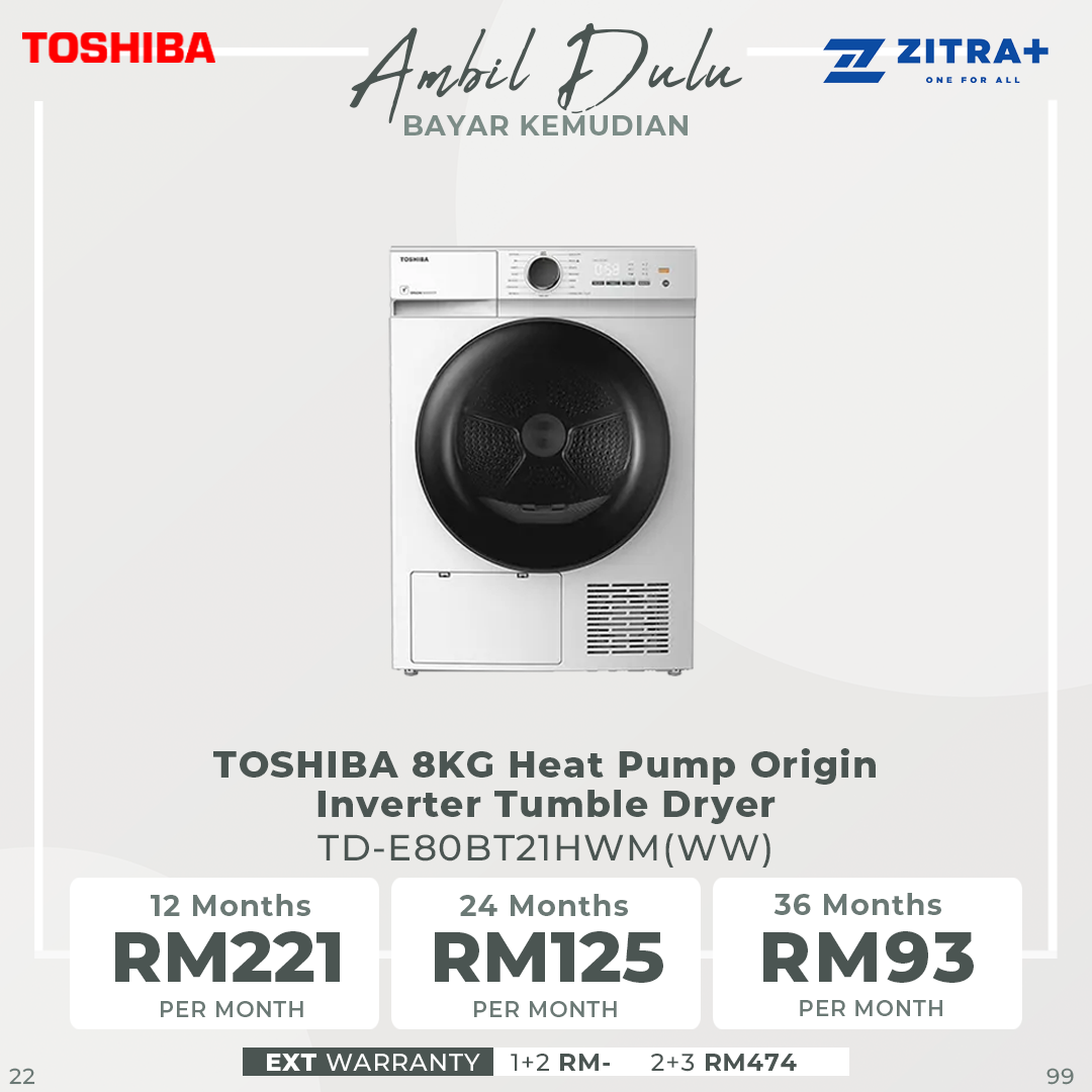 TOSHIBA 8KG/10KG Heat Pump Origin Inverter Tumble Dryer TD-E80BT21HWM(WW)/TD-BP110GHM(MG) | SENSE DRY™ | Anti-crease | TSmartLife Smart Control