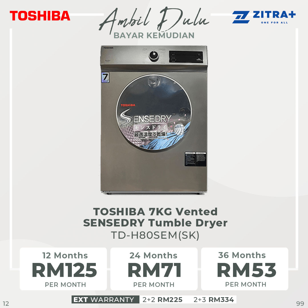 TOSHIBA 7KG Vented SENSEDRY Tumble Dryer TD-H80SEM(SK) | LED Display | Anti-Crease | Quick Dry 20 | LED Display | SENSEDRY | Air Vented Drying | Child Lock|  Dryer with 2 Year Warranty