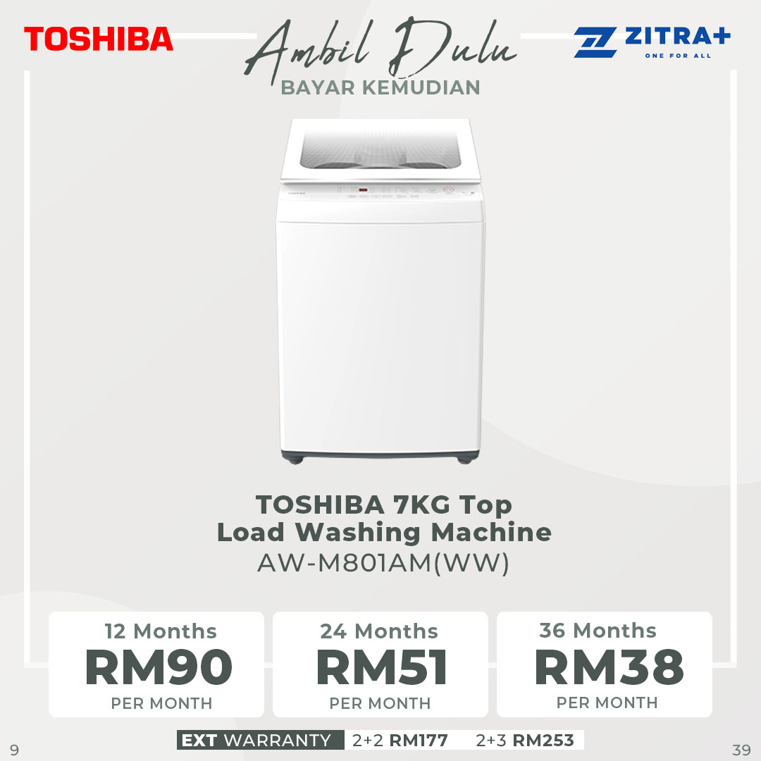 TOSHIBA 7KG Top Load Washing Machine AW-M801AM(SG) / AW-M801AM(WW) | Humanized Design | Fundamentally Clean | Practical Programs | Washing Machine with 2 Years Warranty