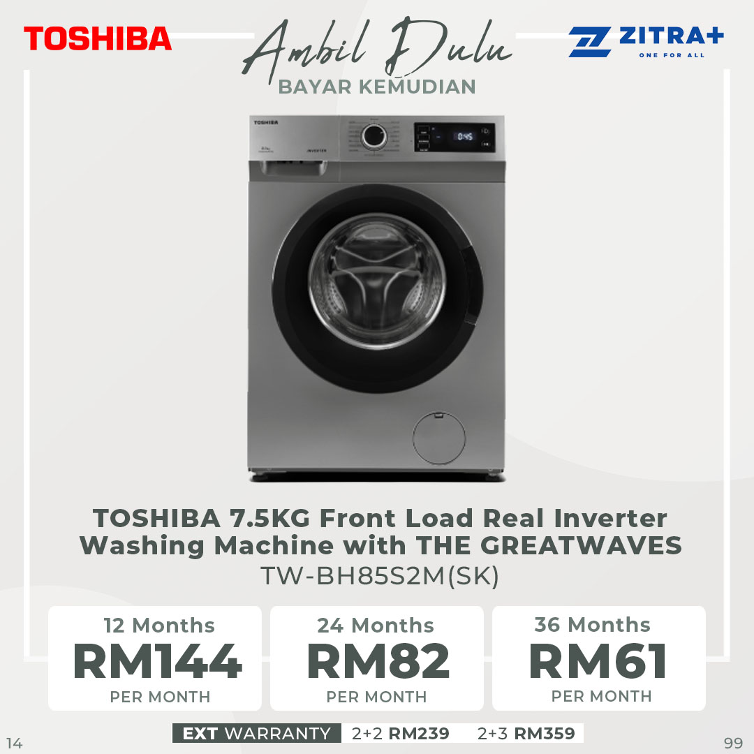 TOSHIBA 7.5KG Front Load Real Inverter Washing Machine with THE GREATWAVES TW-BH85S2M(SK) | 16 Program | Child Lock | Temperature Selection | Spin Speed, Selection | Washing Machine  with 2 Year Warranty
