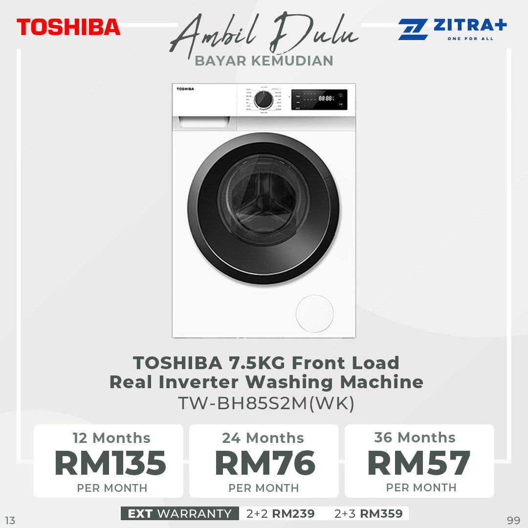 TOSHIBA 7.5KG Front Load Real Inverter Washing Machine TWBH85S2M(WK)