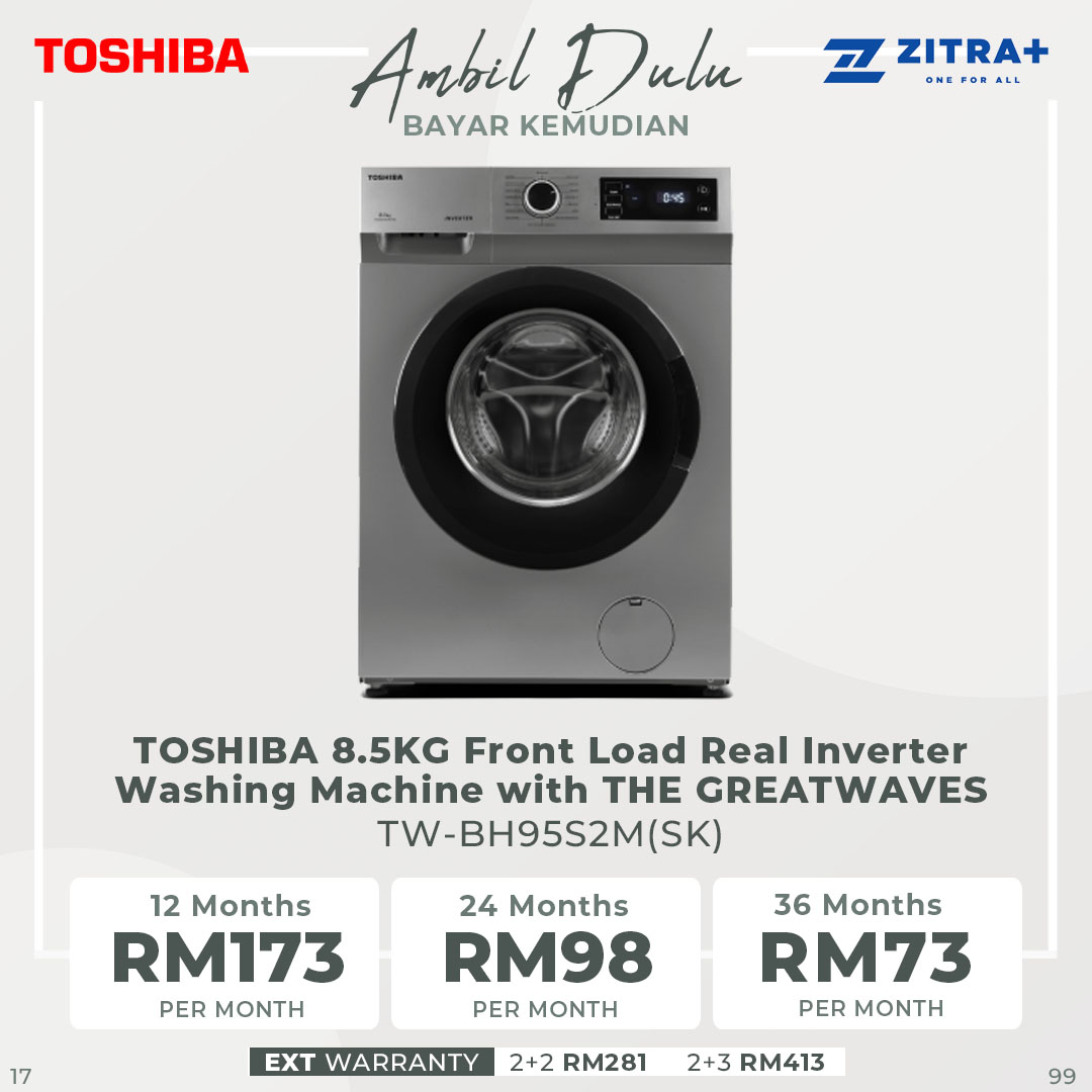 TOSHIBA 8.5KG Front Load Real Inverter Washing Machine with THE GREATWAVES TW-BH95S2M(SK) | 16 Program | Child Lock | Temperature Selection | Spin Speed, Selection | Washing Machine with 2 Year Warranty